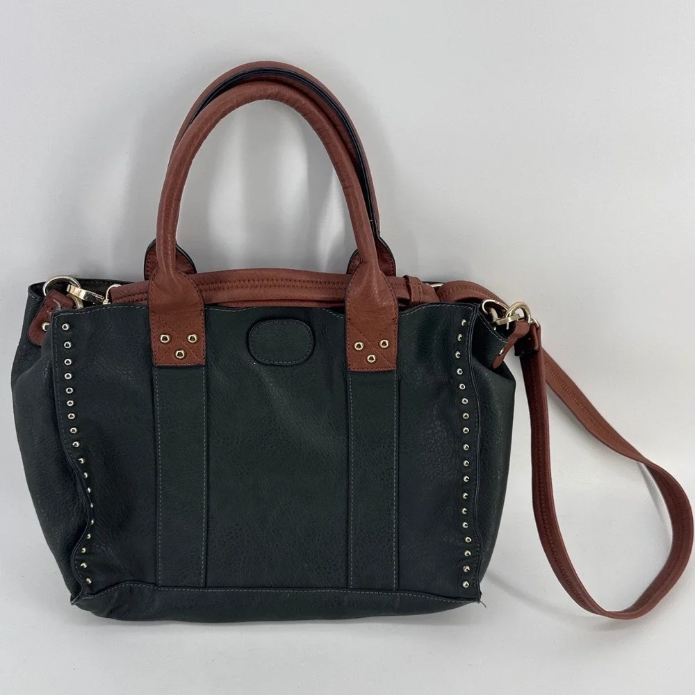 Black Rivet Women Satchel Handbag Black Brown Studded Crossbody Gold Hardware